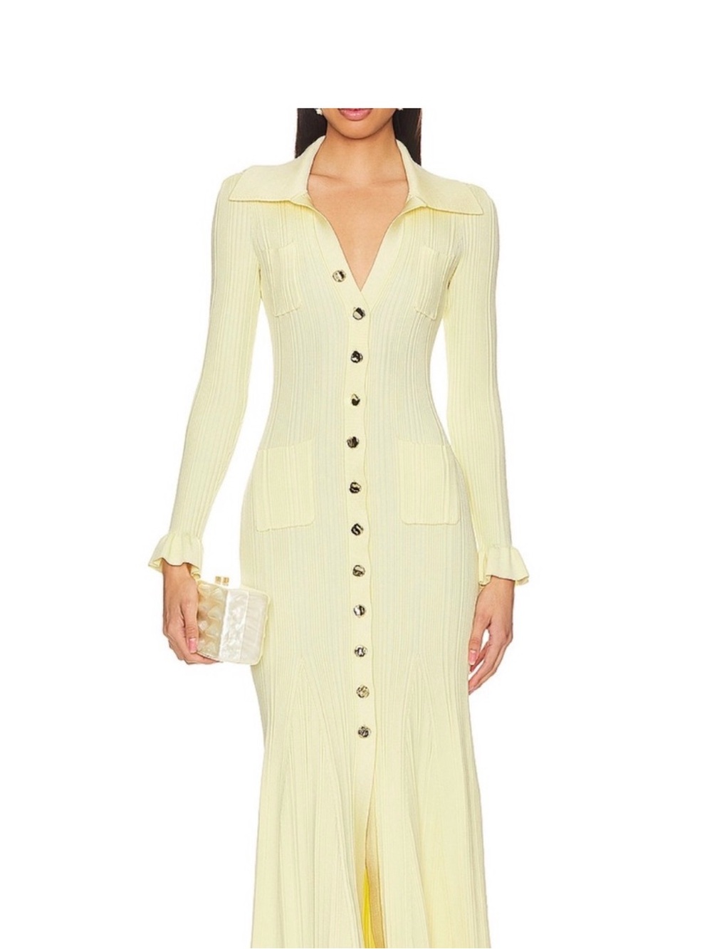 Self-Portrait Pale Yellow Ribbed Button-Front Maxi Dress